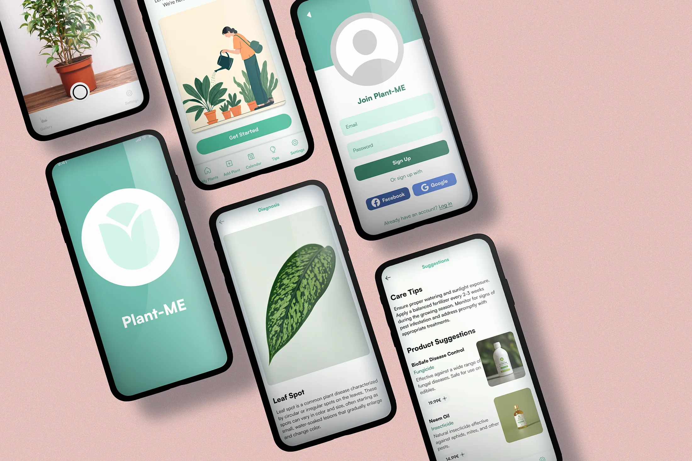 Flujo final de Plant-Me con pantallas de inicio, escaneo, diagnóstico y recomendación